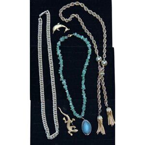 Vintage German  Chain Necklace Set W/ Gold-Toned Dolphin & Lizard Brooches Green